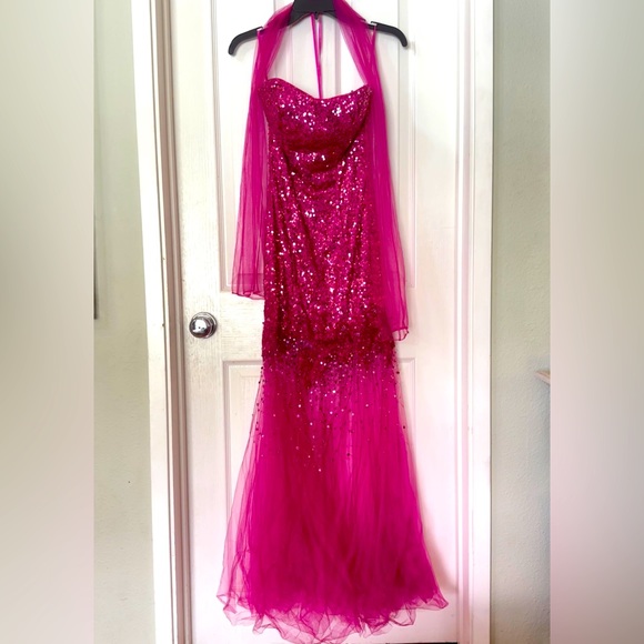Barbie Pink Sequin Prom/Formal Dress. Strapless with chiffon scarf. - Picture 1 of 2